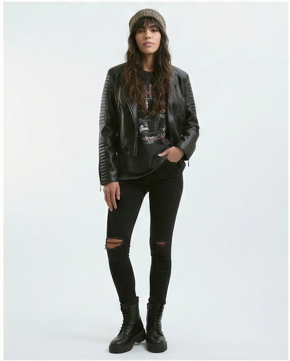 O176289 Stitched Sleeves Black Leather Biker Jacket - Image 3