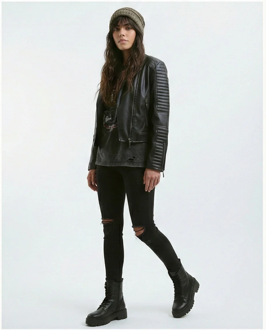 O176289 Stitched Sleeves Black Leather Biker Jacket - Image 4