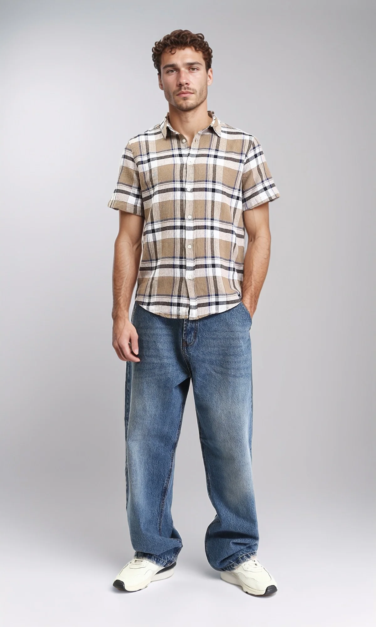 O179070 - Short Sleeves Plaids Summer Shirt - Dark Beige & White - Image 4