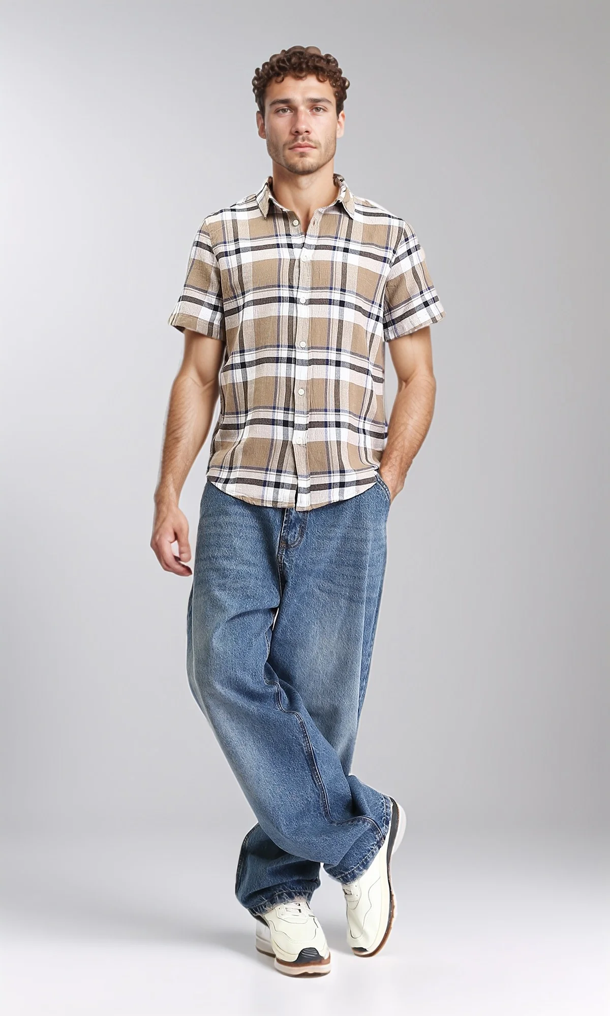 O179070 - Short Sleeves Plaids Summer Shirt - Dark Beige & White - Image 5