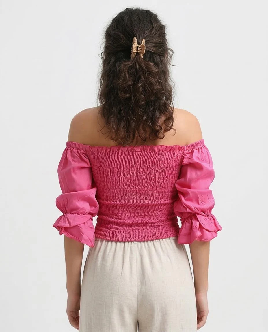 Ravin Women's Smocked Off-the-Shoulder Puff Sleeve Crop Top -Fushia - O179196 - Image 2