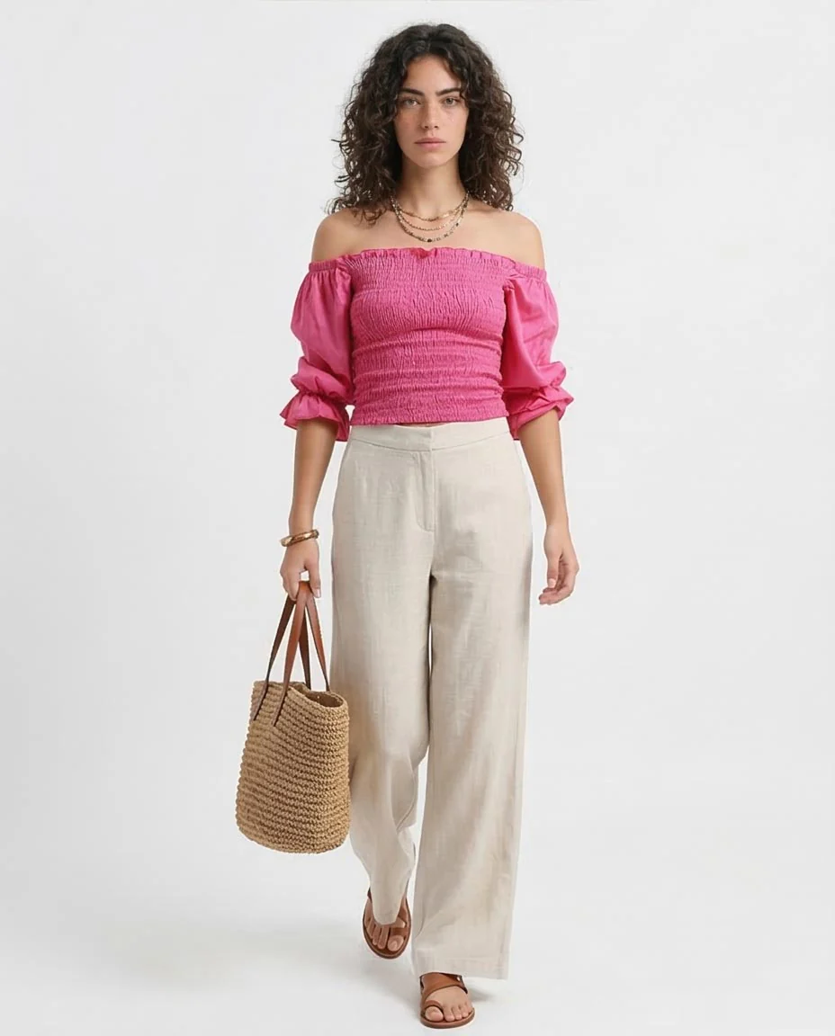 Ravin Women's Smocked Off-the-Shoulder Puff Sleeve Crop Top -Fushia - O179196 - Image 3