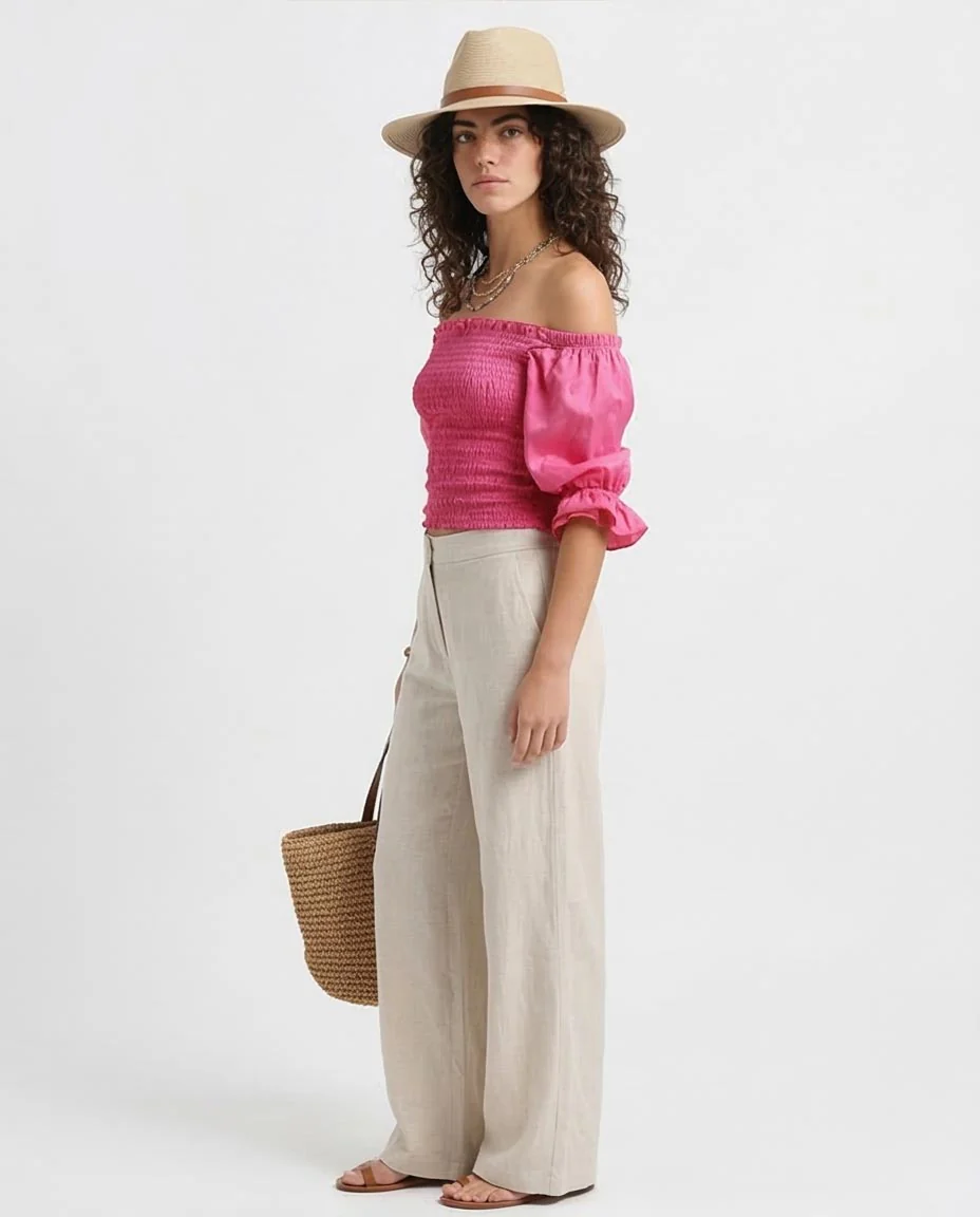 Ravin Women's Smocked Off-the-Shoulder Puff Sleeve Crop Top -Fushia - O179196 - Image 5