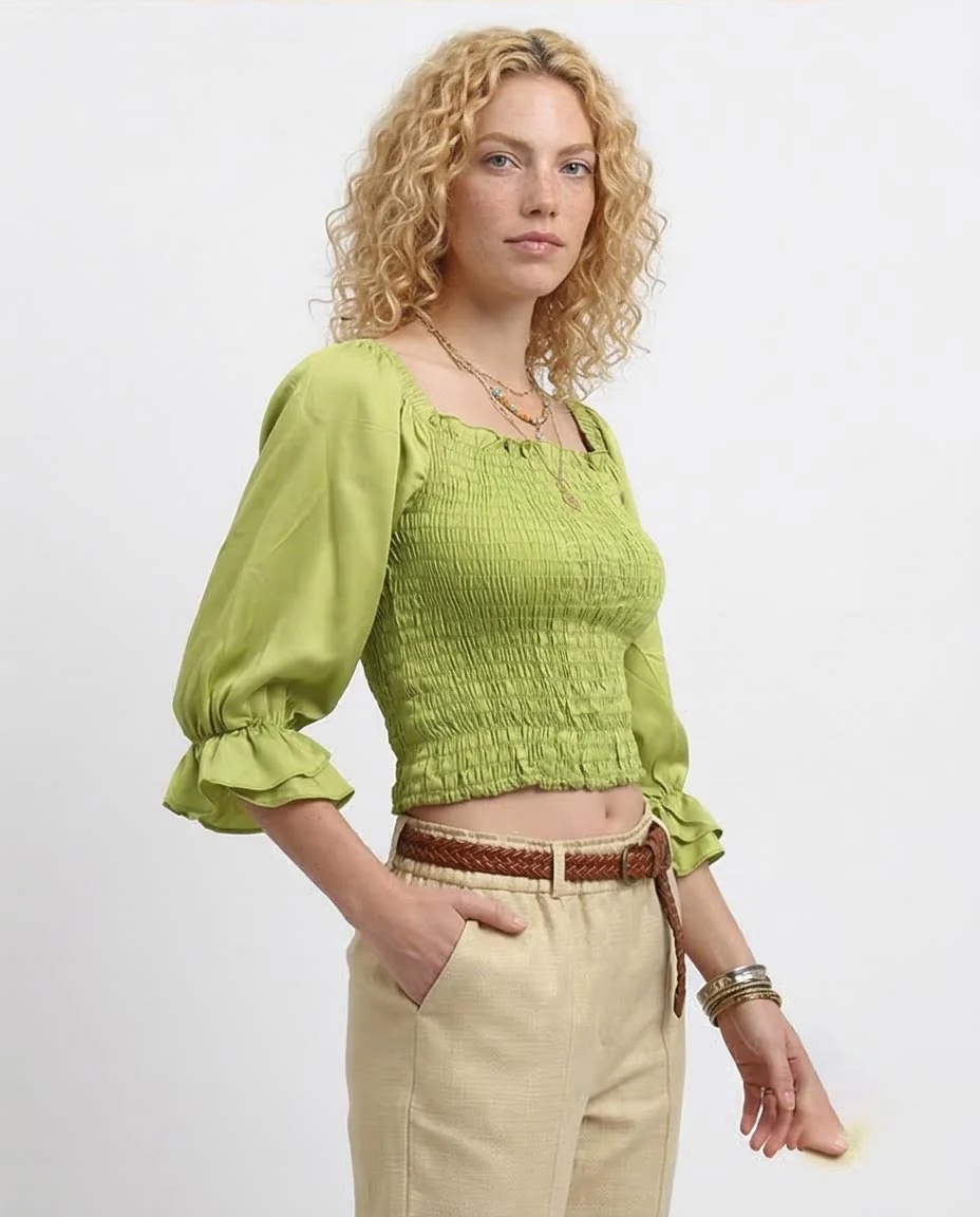 Ravin Chartreuse Smocked Bodice Blouse with Tiered Ruffle Cuffs -Light Green - O179198 - Image 5