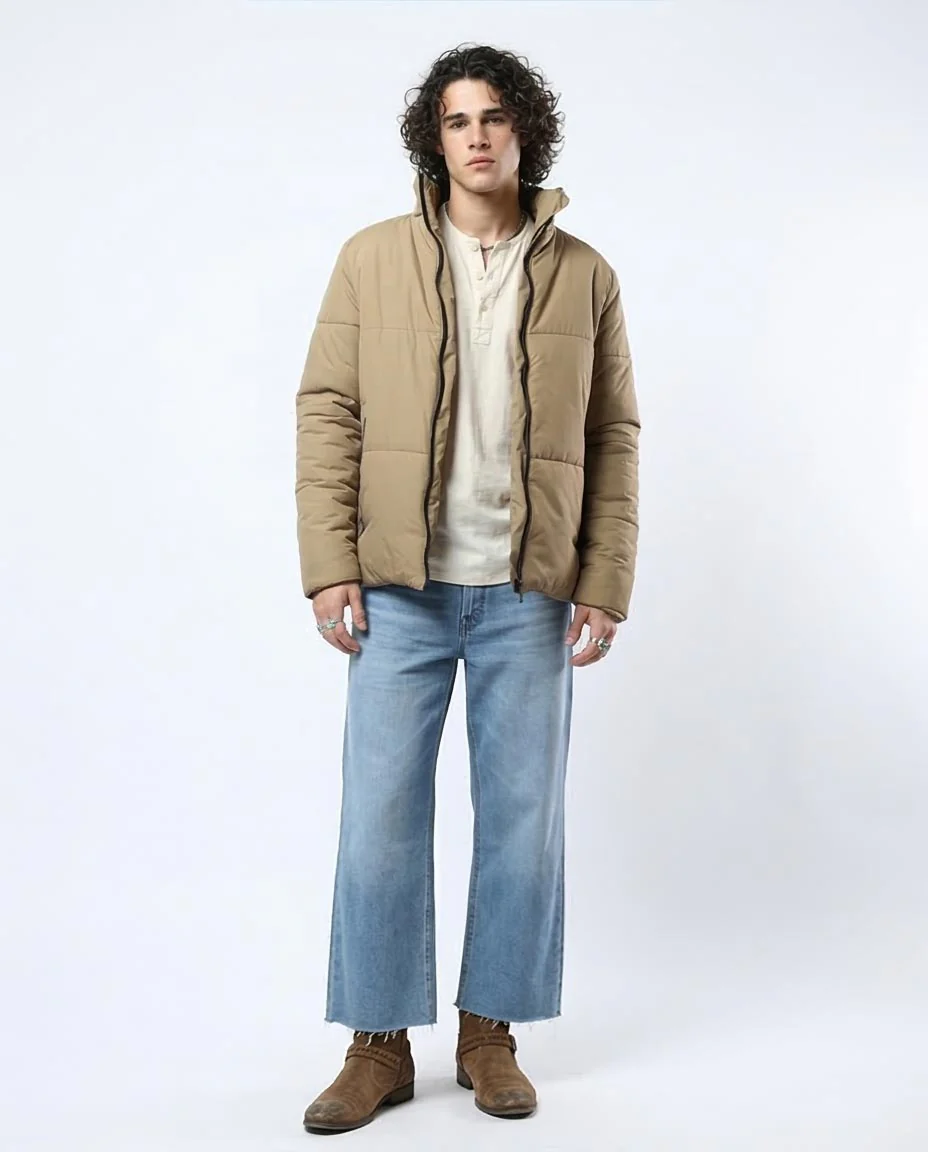 Ravin Men's Quilted Puffer Jacket with High Stand Collar – Camel - O180577 - Image 3