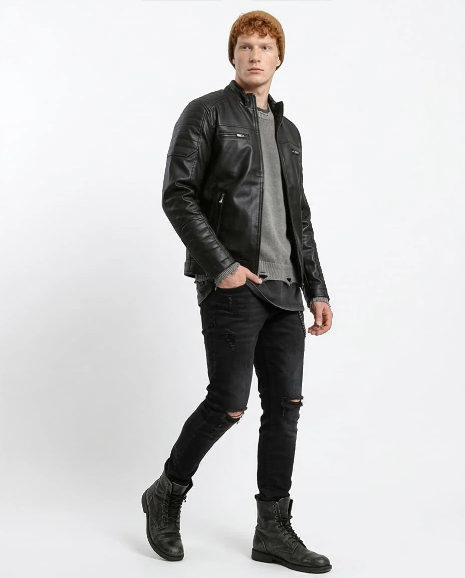 Ravin Men’s Quilted Moto Faux-Leather Jacket - Black - O180581 - Image 5