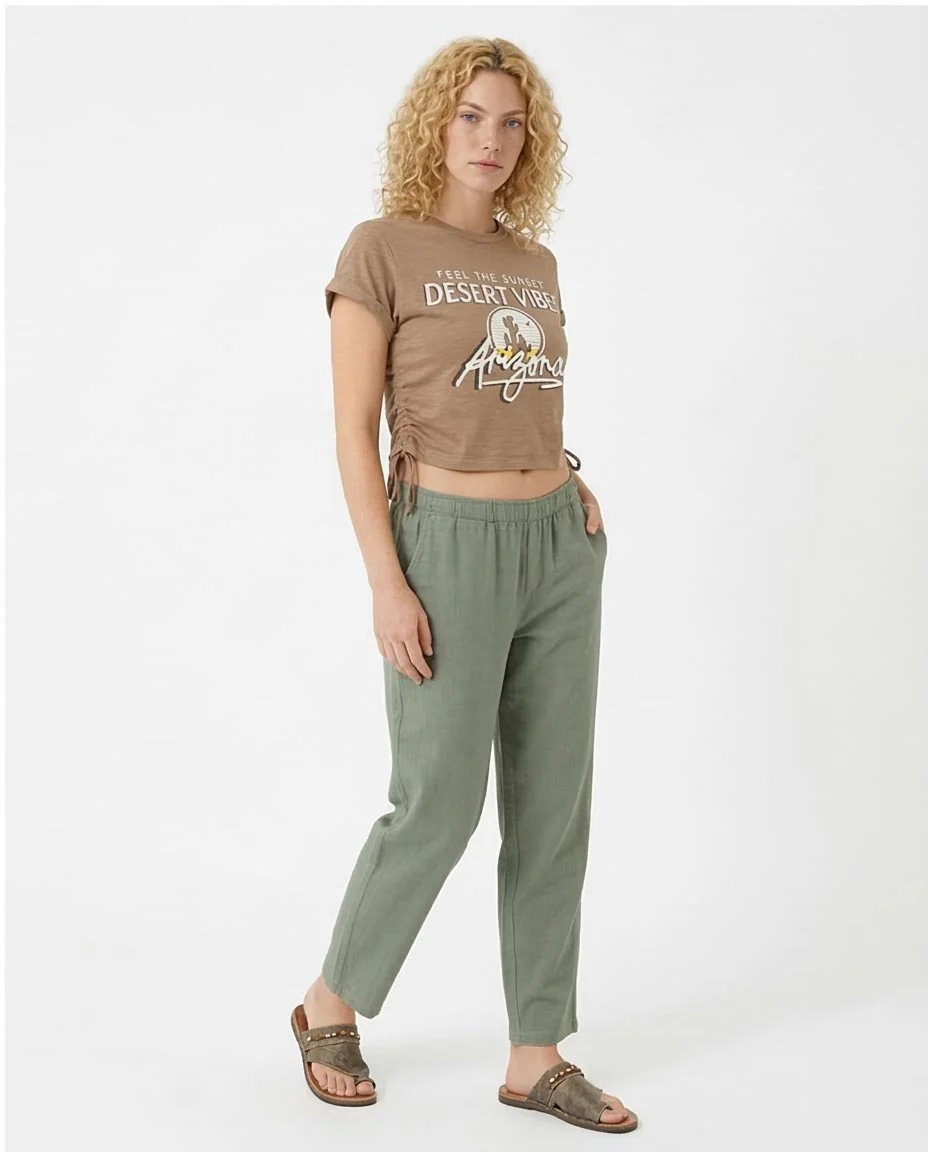 Ravin Women’s Desert Vibes Ruched Side Graphic Crop T-Shirt - Taupe - O182844 - Image 5