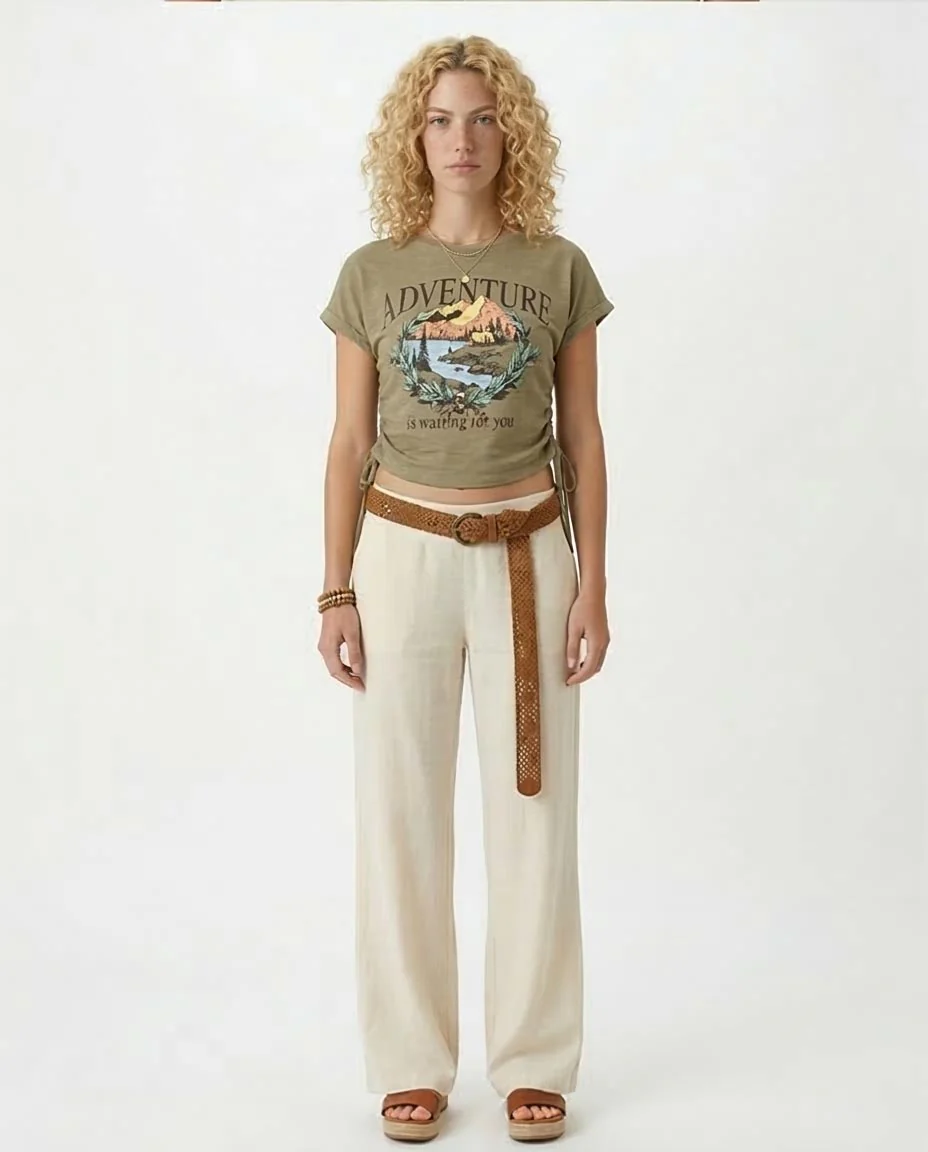 Ravin Adventure Series: Ruched Side Graphic Tee-Khaki - O182845 - Image 3