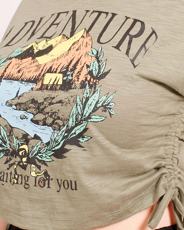 Ravin Adventure Series: Ruched Side Graphic Tee-Khaki - O182845 - Image 4