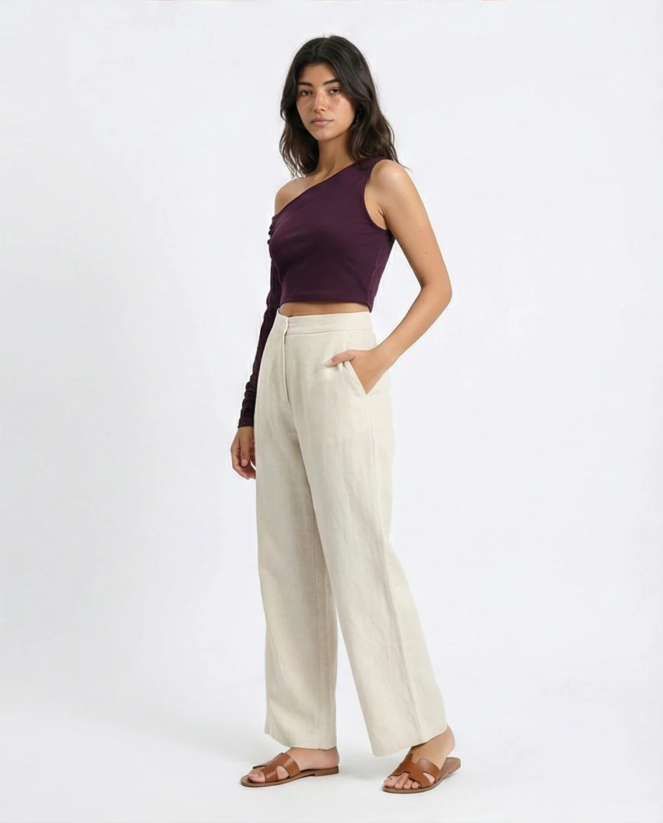 O189284 - Asymmetric One-Sleeve Crop Top - Plum - Image 4