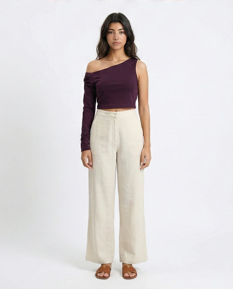 O189284 - Asymmetric One-Sleeve Crop Top - Plum - Image 5