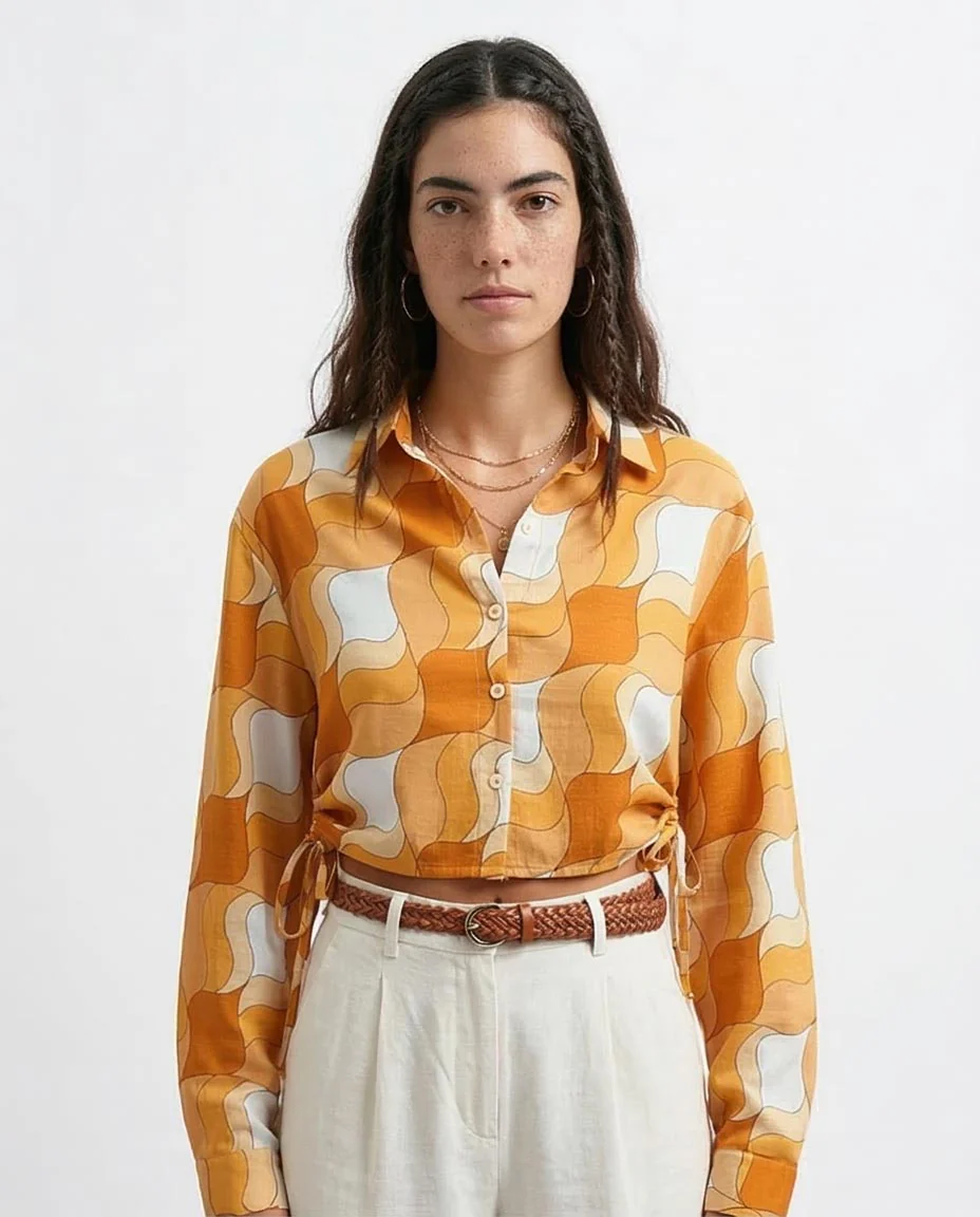Ravin Retro-Wave Cropped Drawstring Shirt - Orange & White - O191217