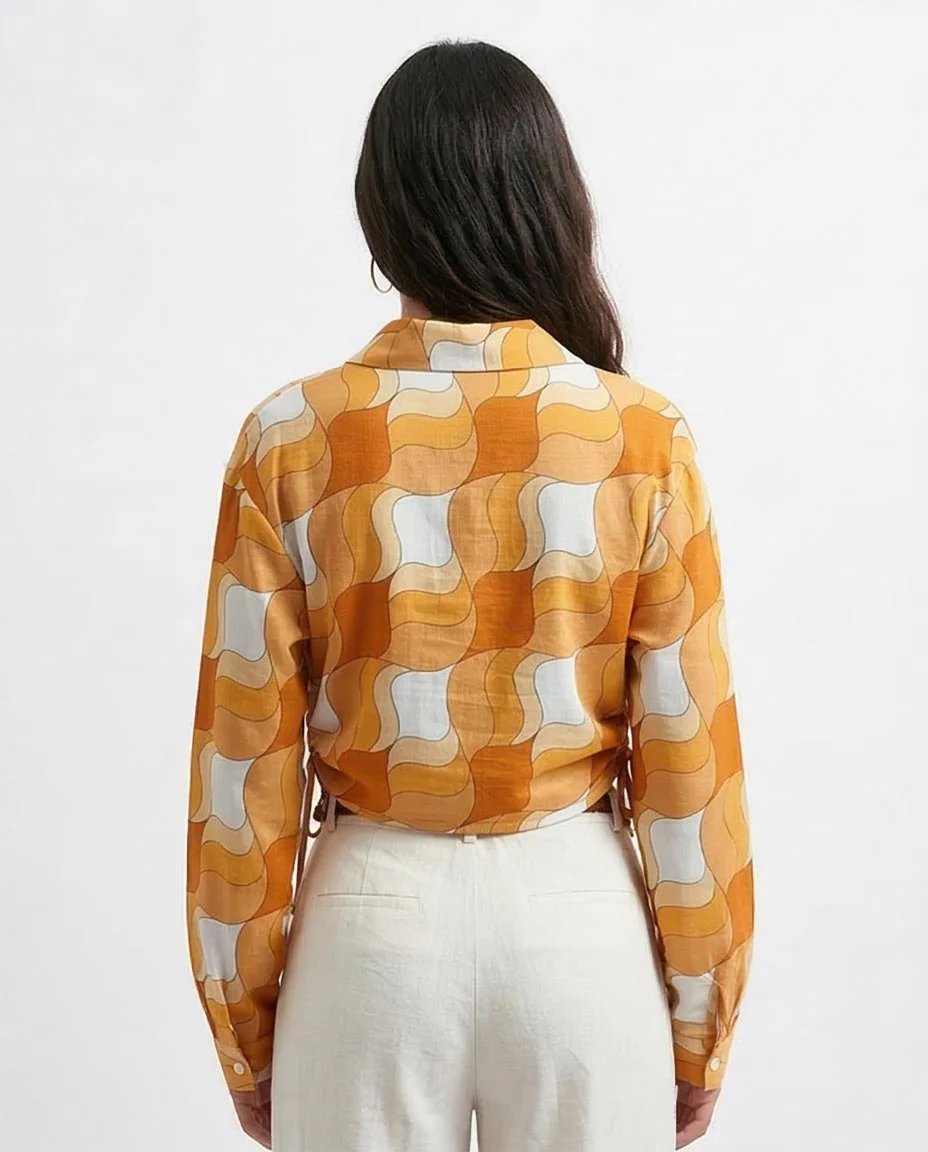 Ravin Retro-Wave Cropped Drawstring Shirt - Orange & White - O191217 - Image 2