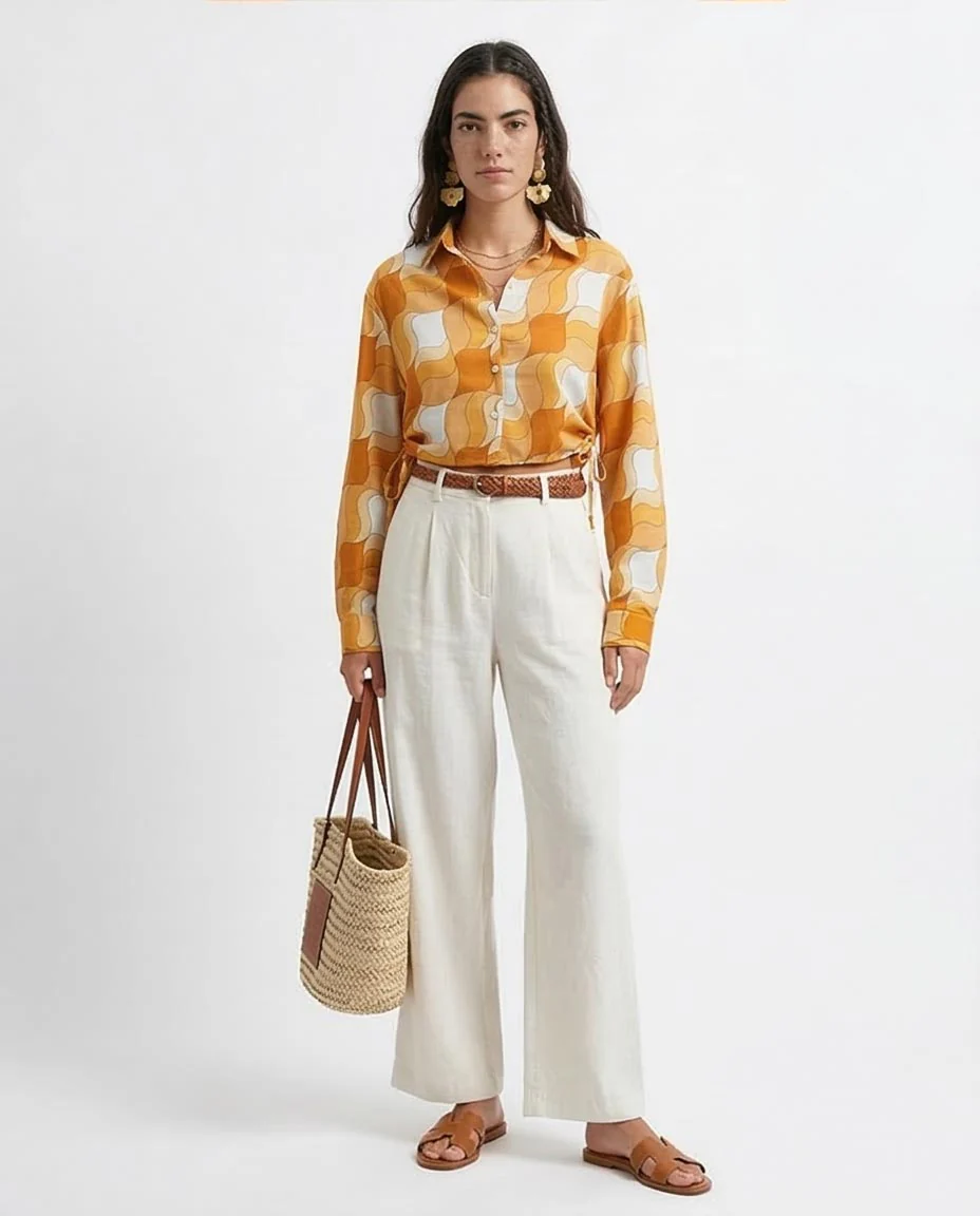 Ravin Retro-Wave Cropped Drawstring Shirt - Orange & White - O191217 - Image 3