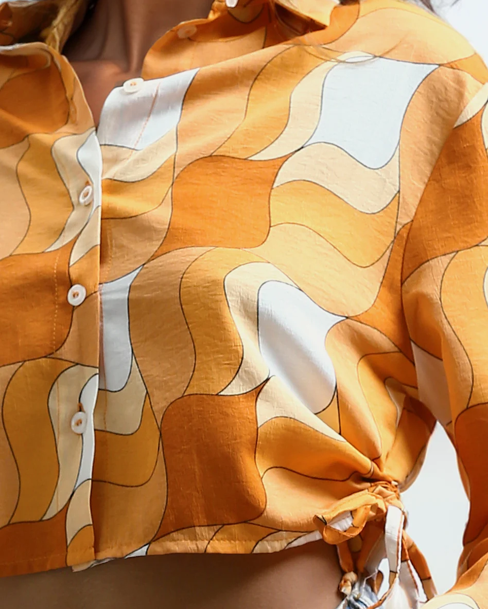 Ravin Retro-Wave Cropped Drawstring Shirt - Orange & White - O191217 - Image 4