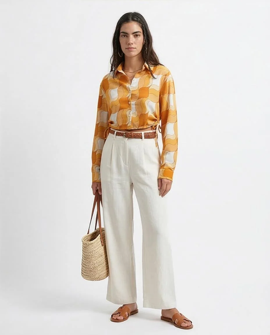 Ravin Retro-Wave Cropped Drawstring Shirt - Orange & White - O191217 - Image 5