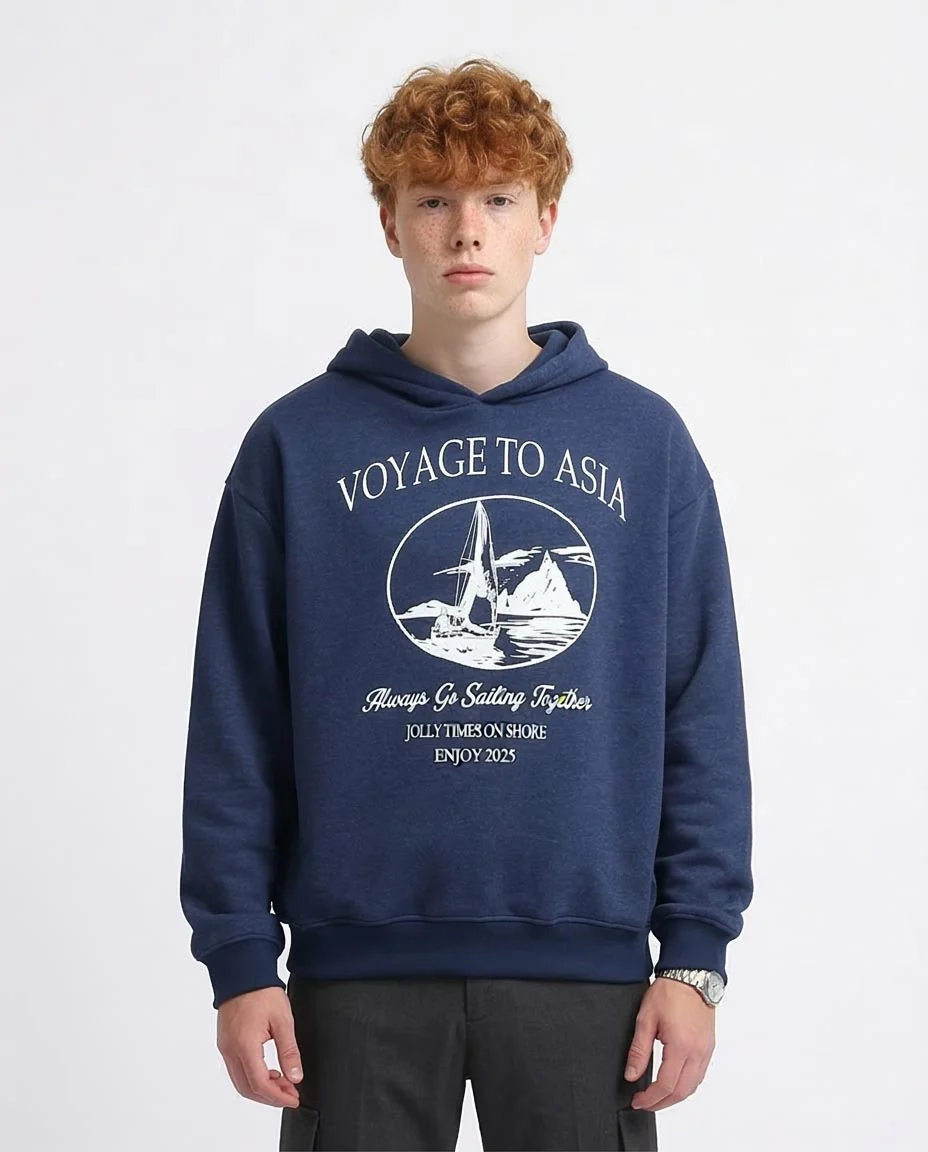 Ravin Men's "Voyage to Asia" Oversized Graphic Hoodie – Navy Heather - o193402