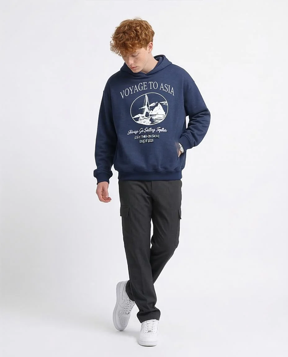 Ravin Men's "Voyage to Asia" Oversized Graphic Hoodie – Navy Heather - o193402 - Image 5