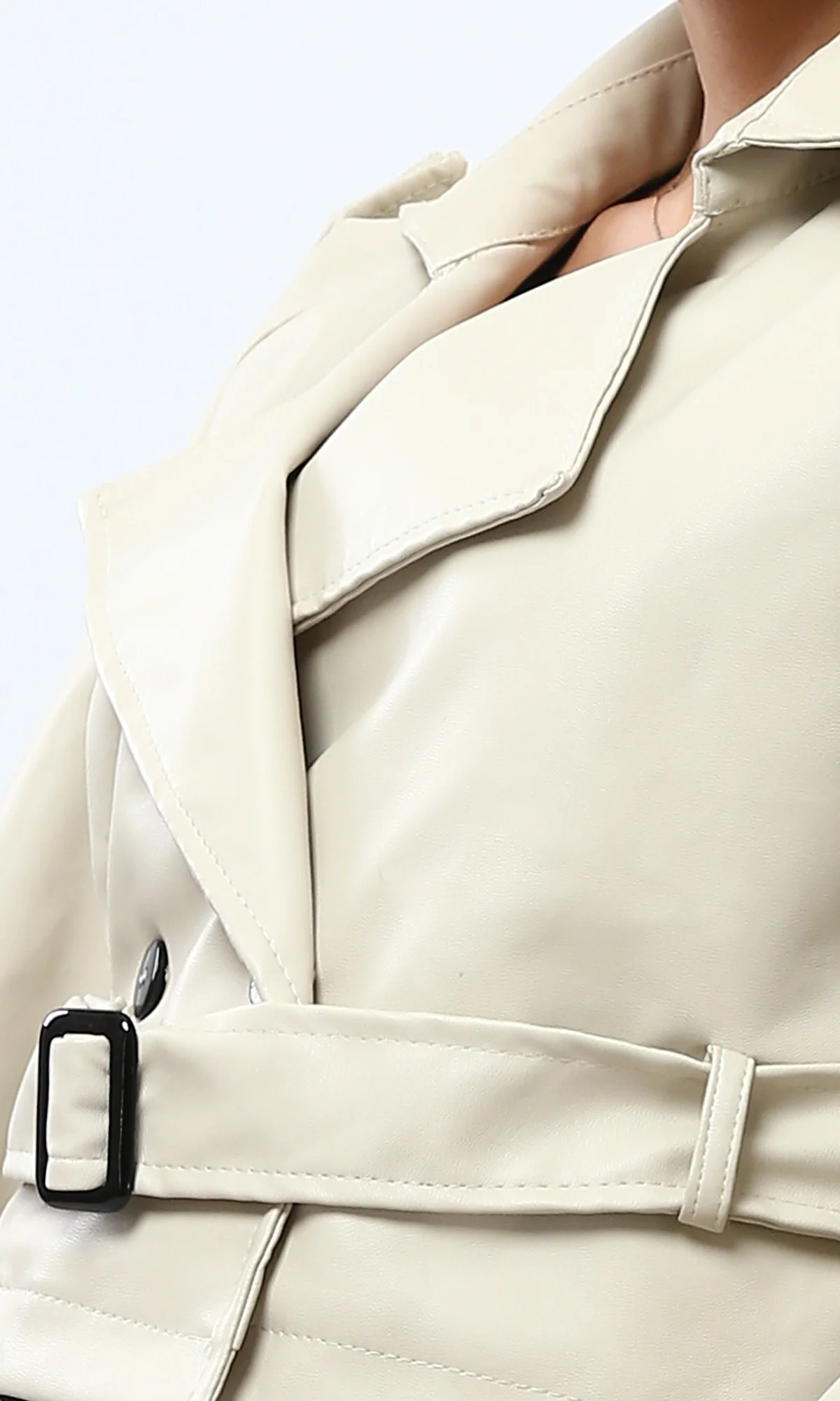 Ravin Cropped Faux-Leather Trench Jacket with Belted Waist and Cuffs – Cream - O194906 - Image 3