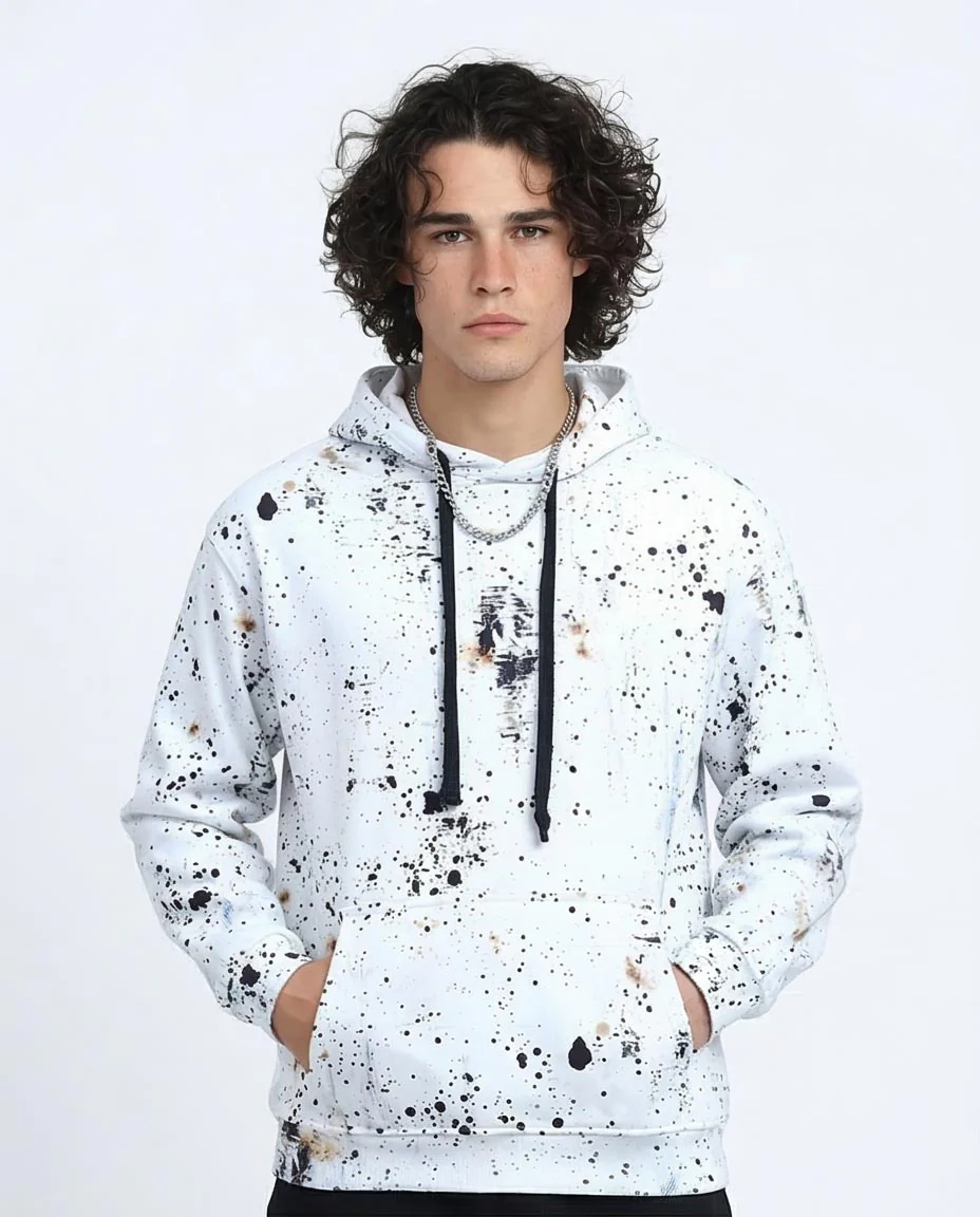 Ravin Men’s Paint-Splatter Distressed Graphic Hoodie – White & Earth Tones - O197307