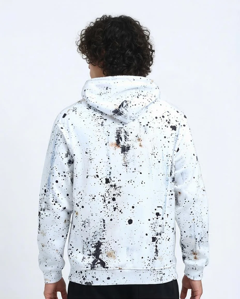 Ravin Men’s Paint-Splatter Distressed Graphic Hoodie – White & Earth Tones - O197307 - Image 2