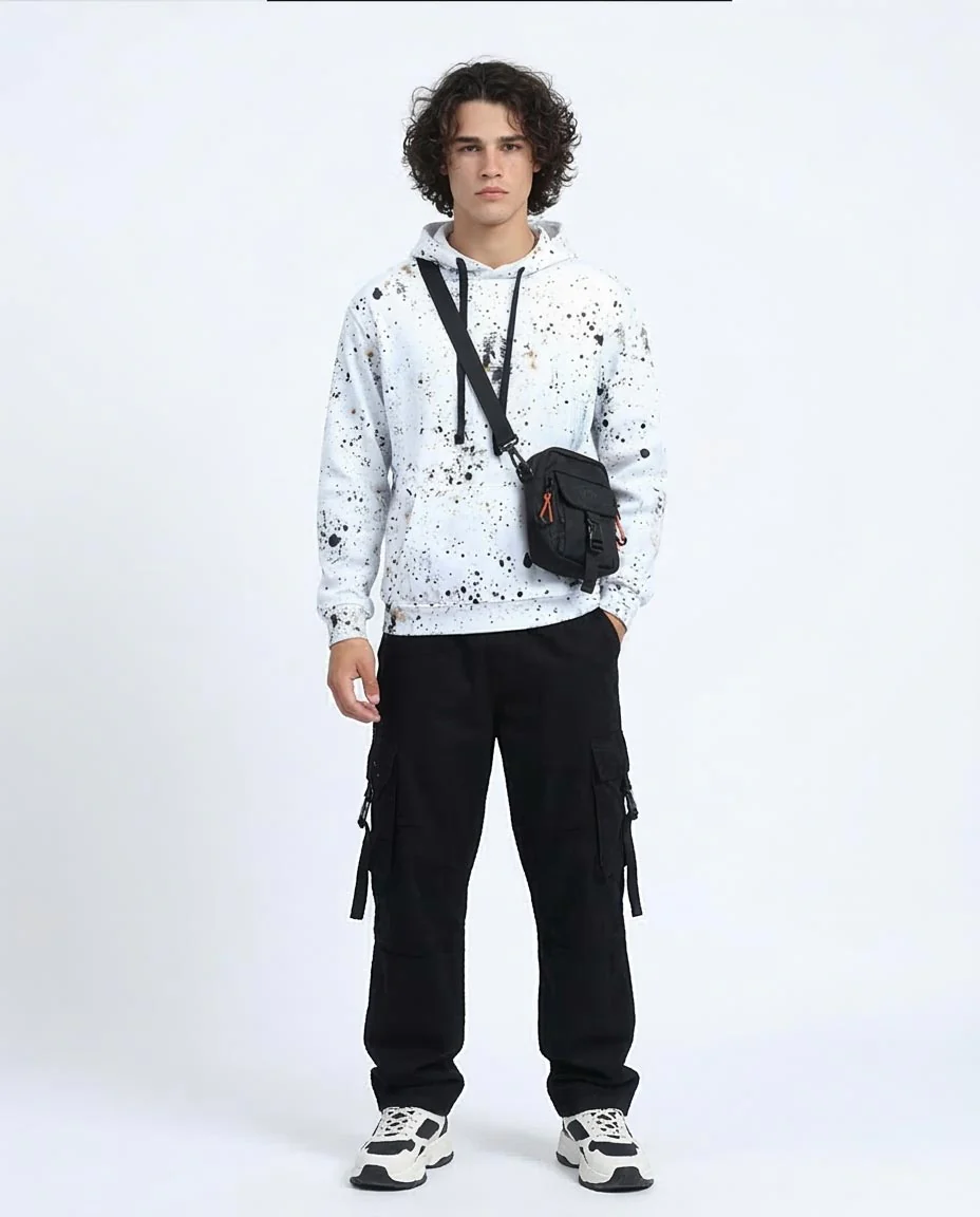 Ravin Men’s Paint-Splatter Distressed Graphic Hoodie – White & Earth Tones - O197307 - Image 3