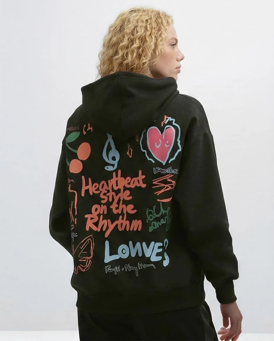 Ravin Heartbeat Rhythm Graphic Oversized Hoodie – Black - o197590 - Image 2