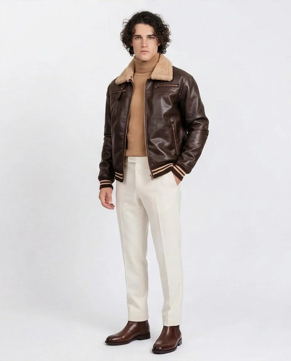 Ravin Men's Sherpa-Lined Faux Leather Aviator Bomber Jacket - Chocolate Brown - O197934 - Image 5