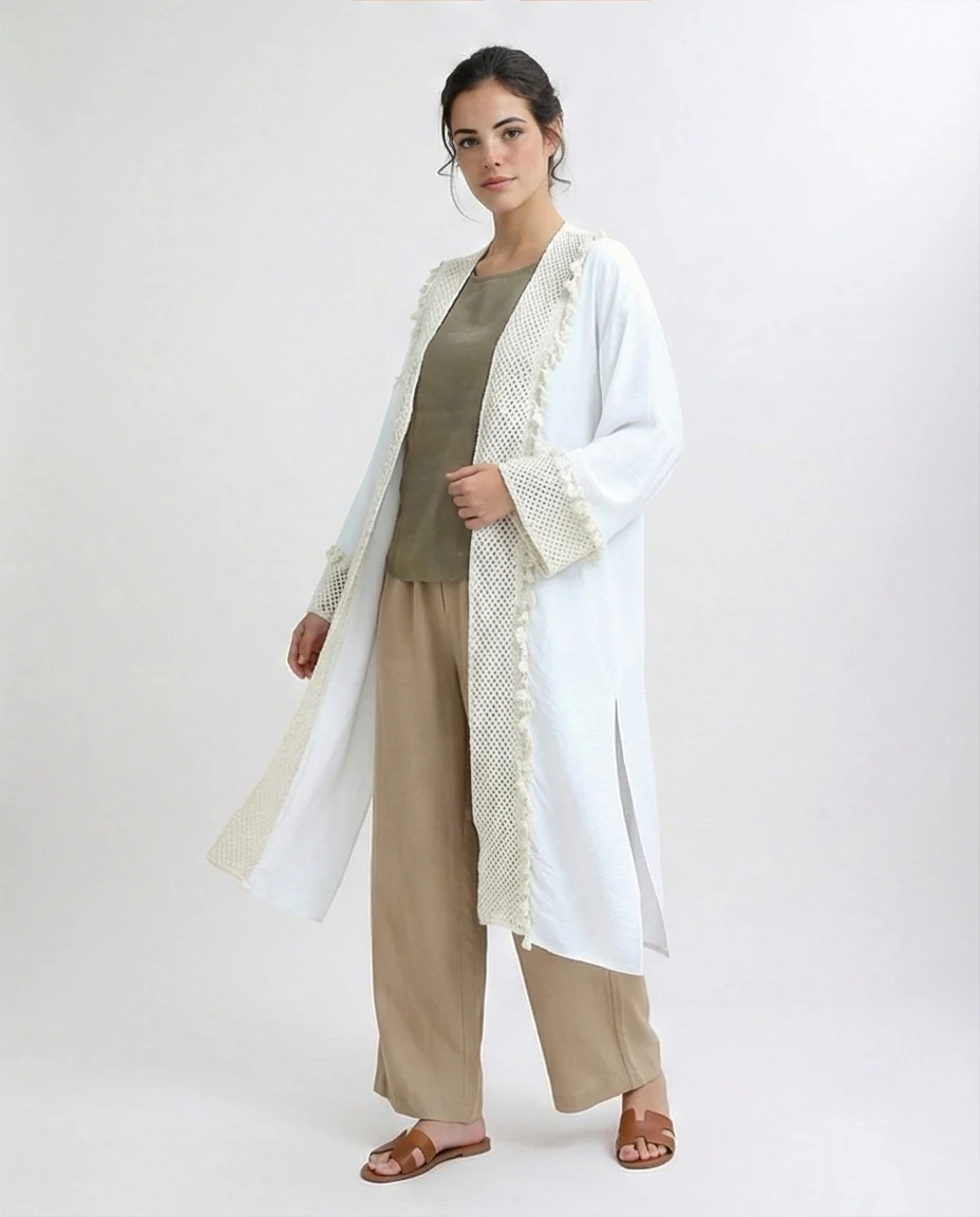 O198045 - Crochet Neckline White Summer Cardigan - Image 5