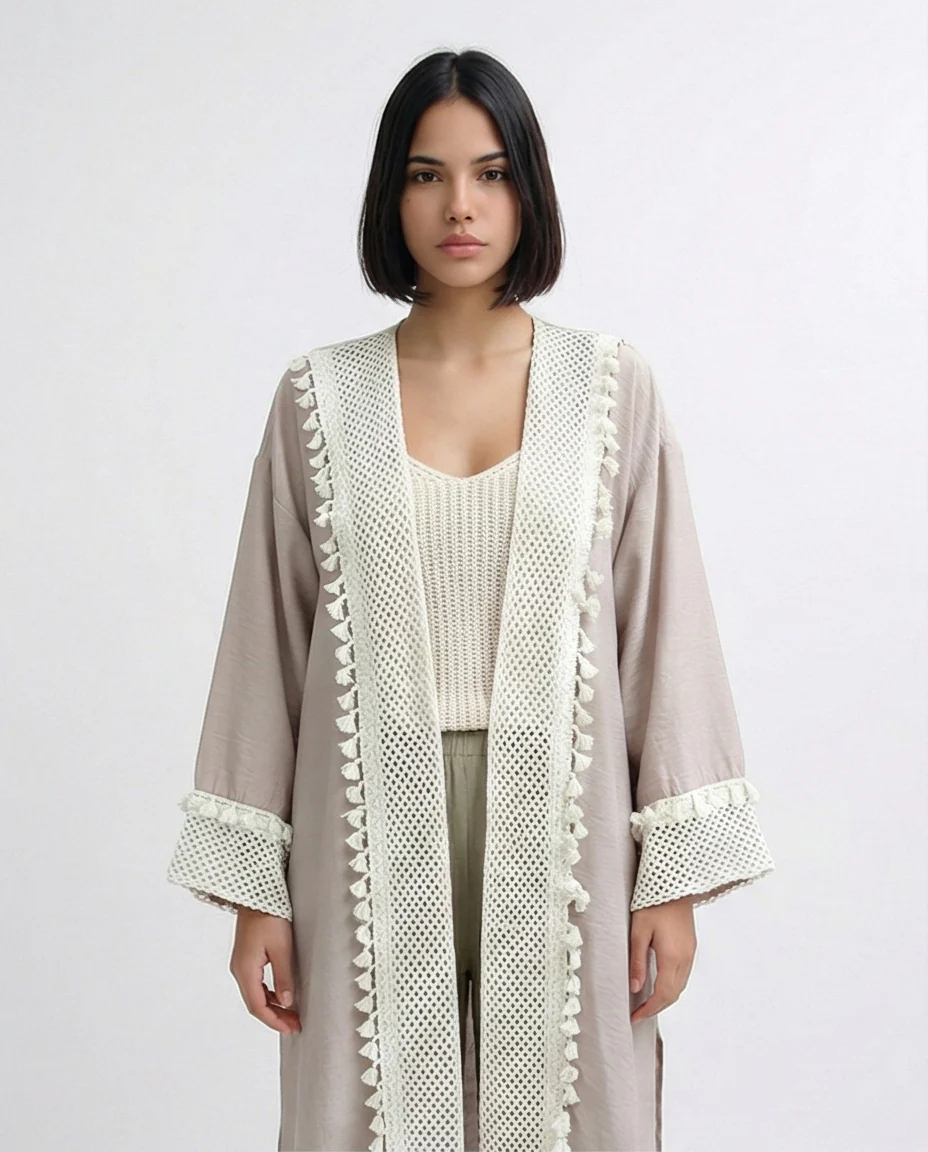 O198047 - Long Sleeves Coffee Crochet Summer Cardigan - Image 3