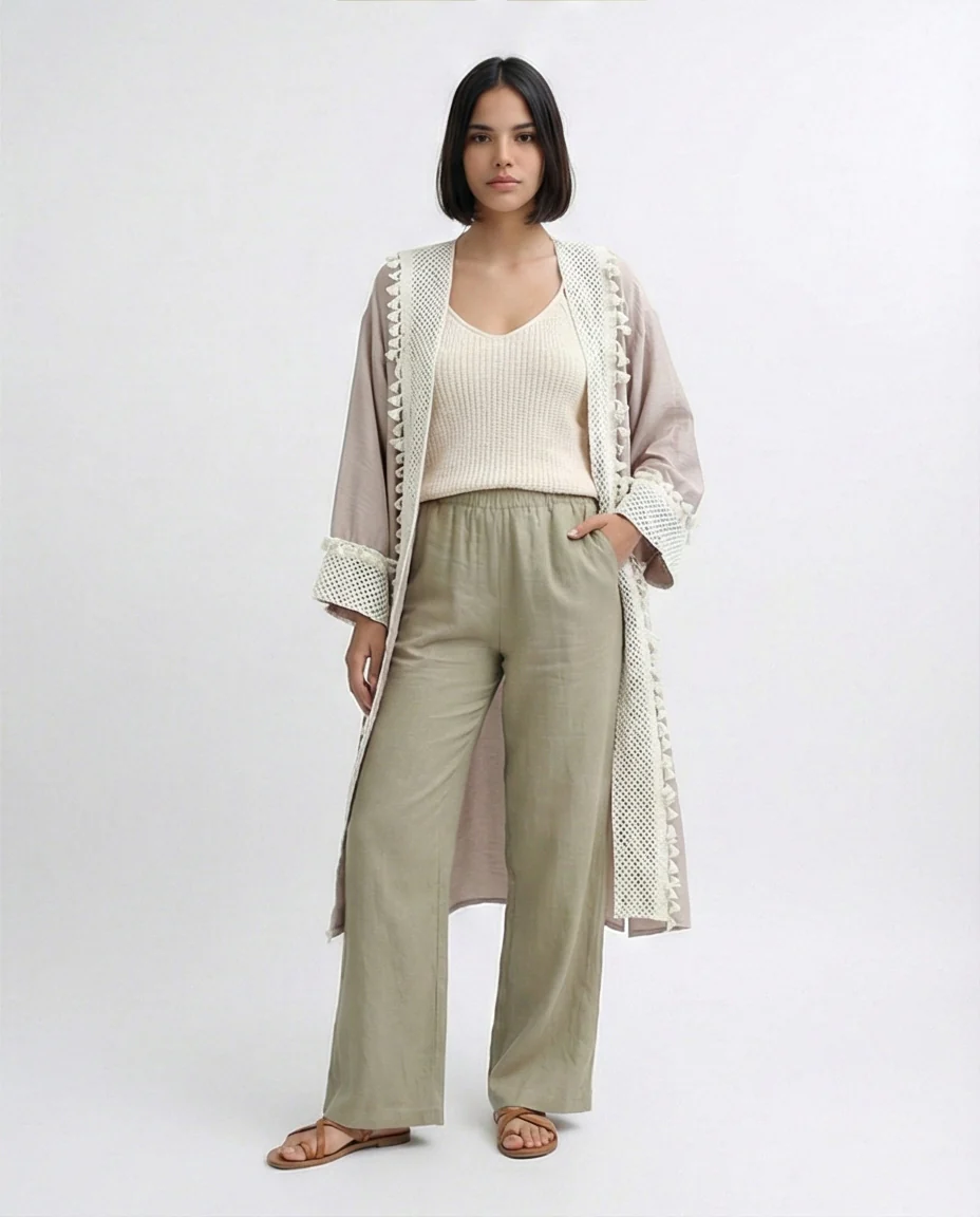 O198047 - Long Sleeves Coffee Crochet Summer Cardigan - Image 5