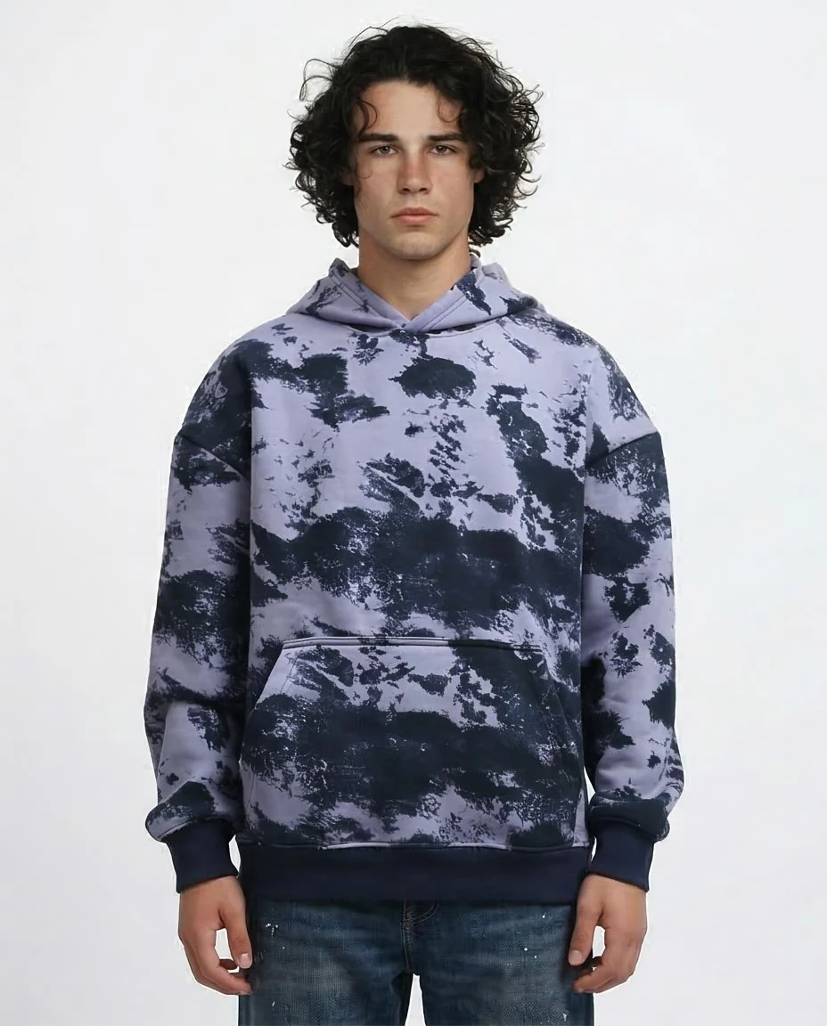 Ravin Men’s Oversized "Cloud Burst" Abstract Tie-Dye Hoodie – Lavender & Navy - o198339
