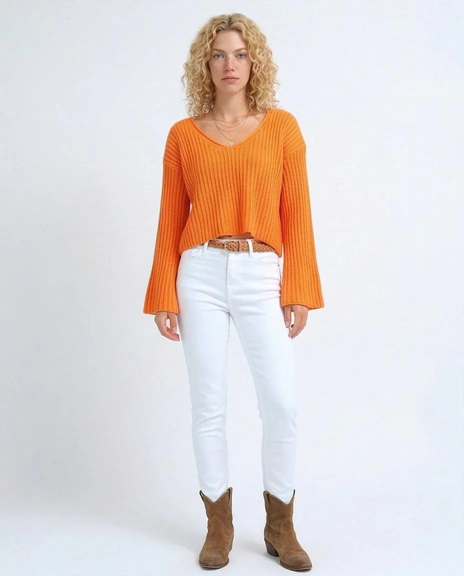 Ravin Women's Ribbed V-Neck Bell Sleeve Cropped Sweater - O198697 - Image 4
