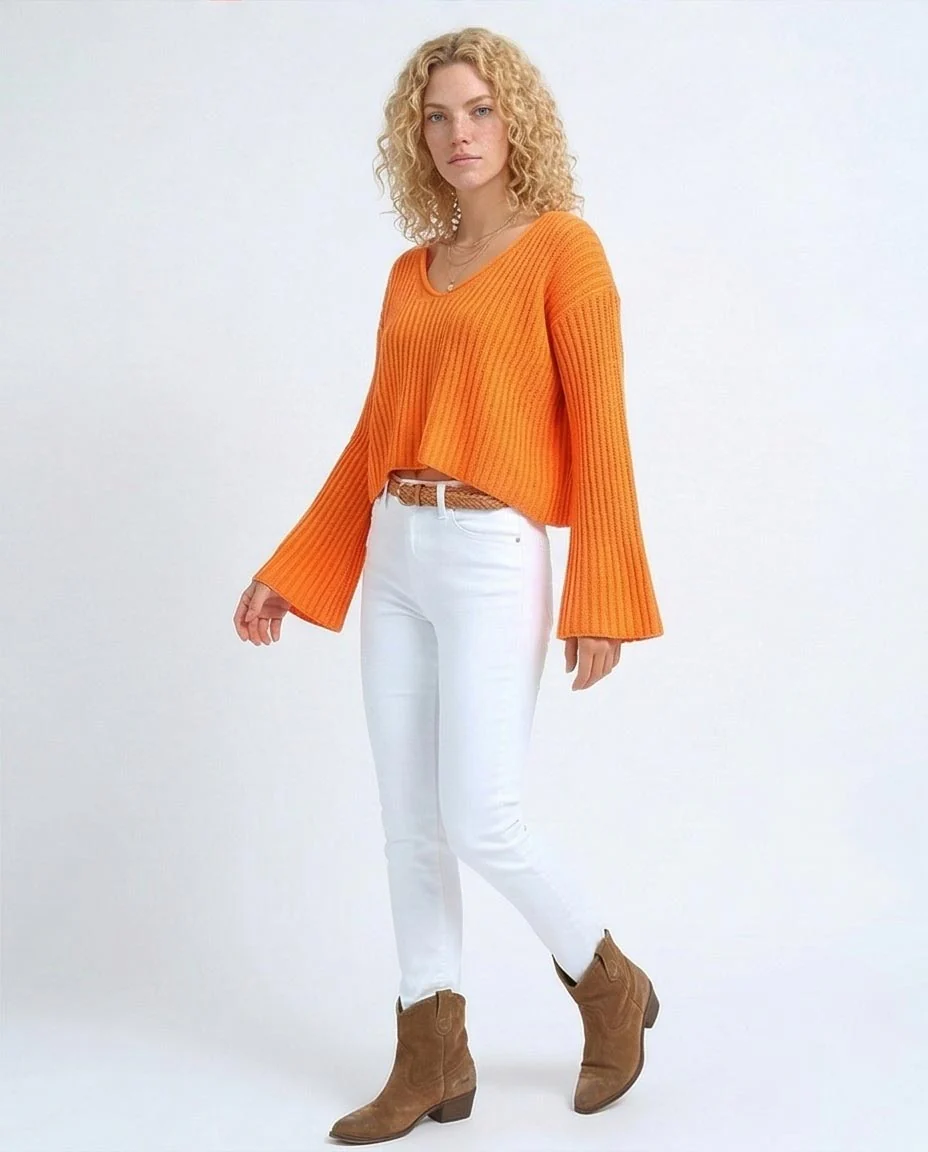 Ravin Women's Ribbed V-Neck Bell Sleeve Cropped Sweater - O198697 - Image 5