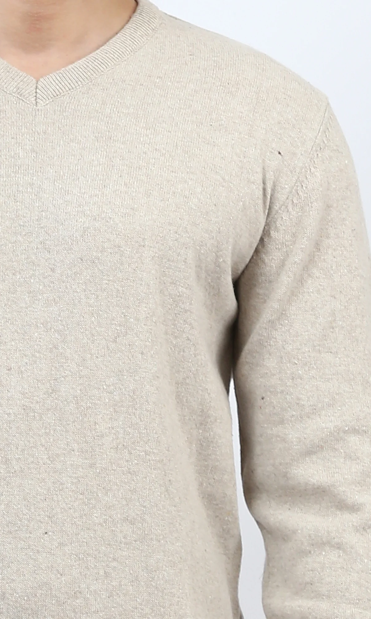 o198784 - Solid V-Neck Ribbed Hemline & Cuffs Pullover - Light Beige - Image 4