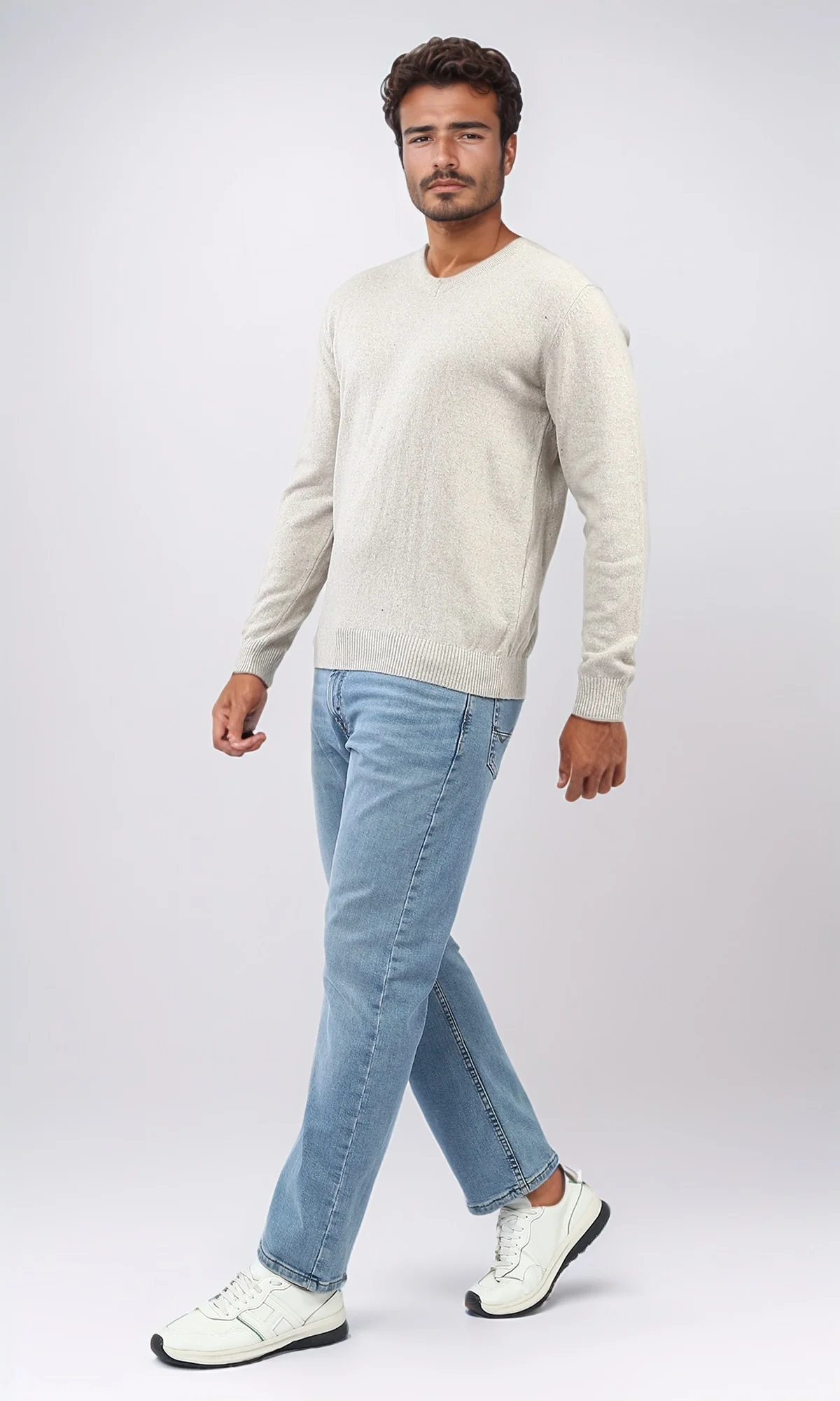 o198784 - Solid V-Neck Ribbed Hemline & Cuffs Pullover - Light Beige - Image 5