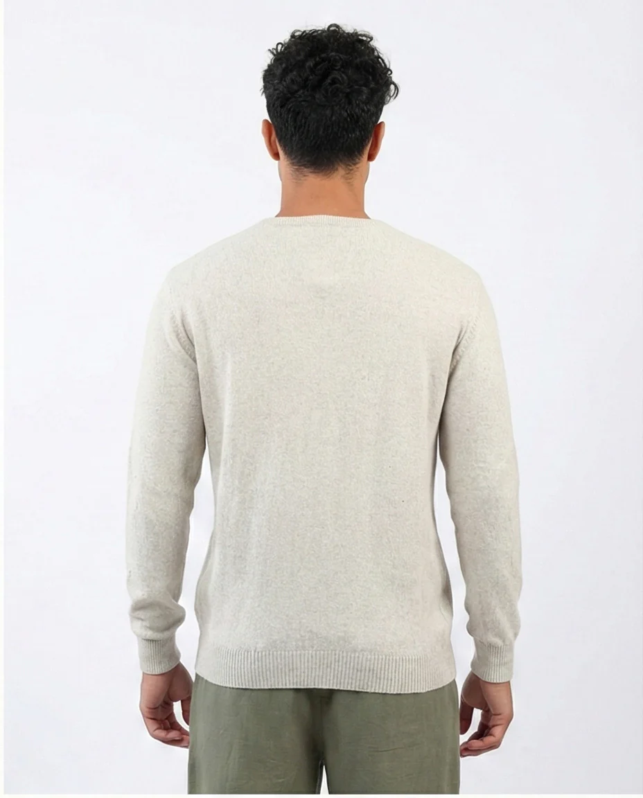 o198792 - Ribbed Hemline Round Neck Pullover - Light Beige - Image 2