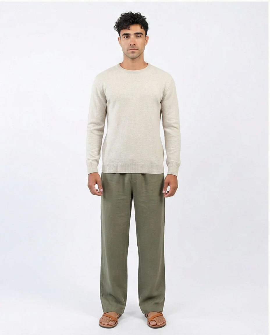 o198792 - Ribbed Hemline Round Neck Pullover - Light Beige - Image 3