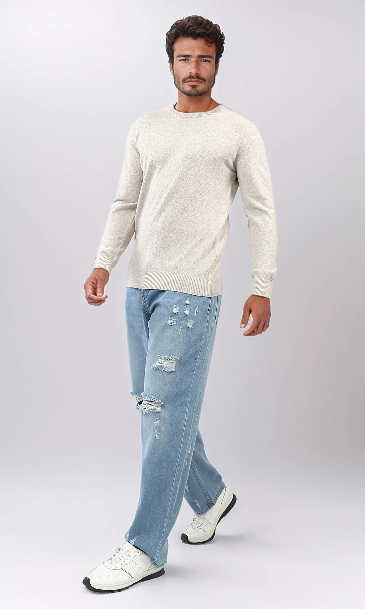 o198792 - Ribbed Hemline Round Neck Pullover - Light Beige - Image 5