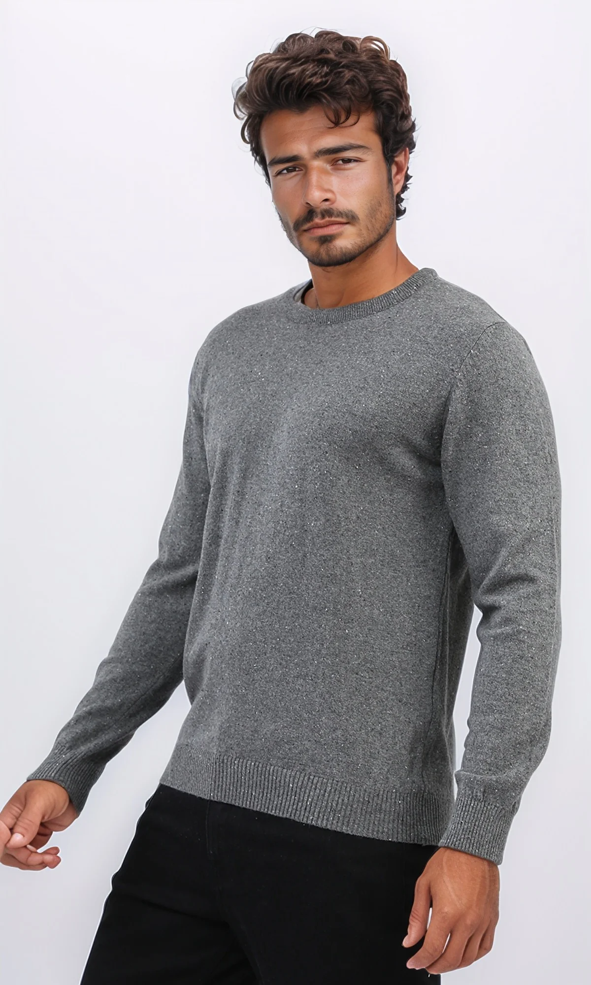 o198795 - Ribbed Hemline Round Neck Pullover - Dark Grey - Image 2