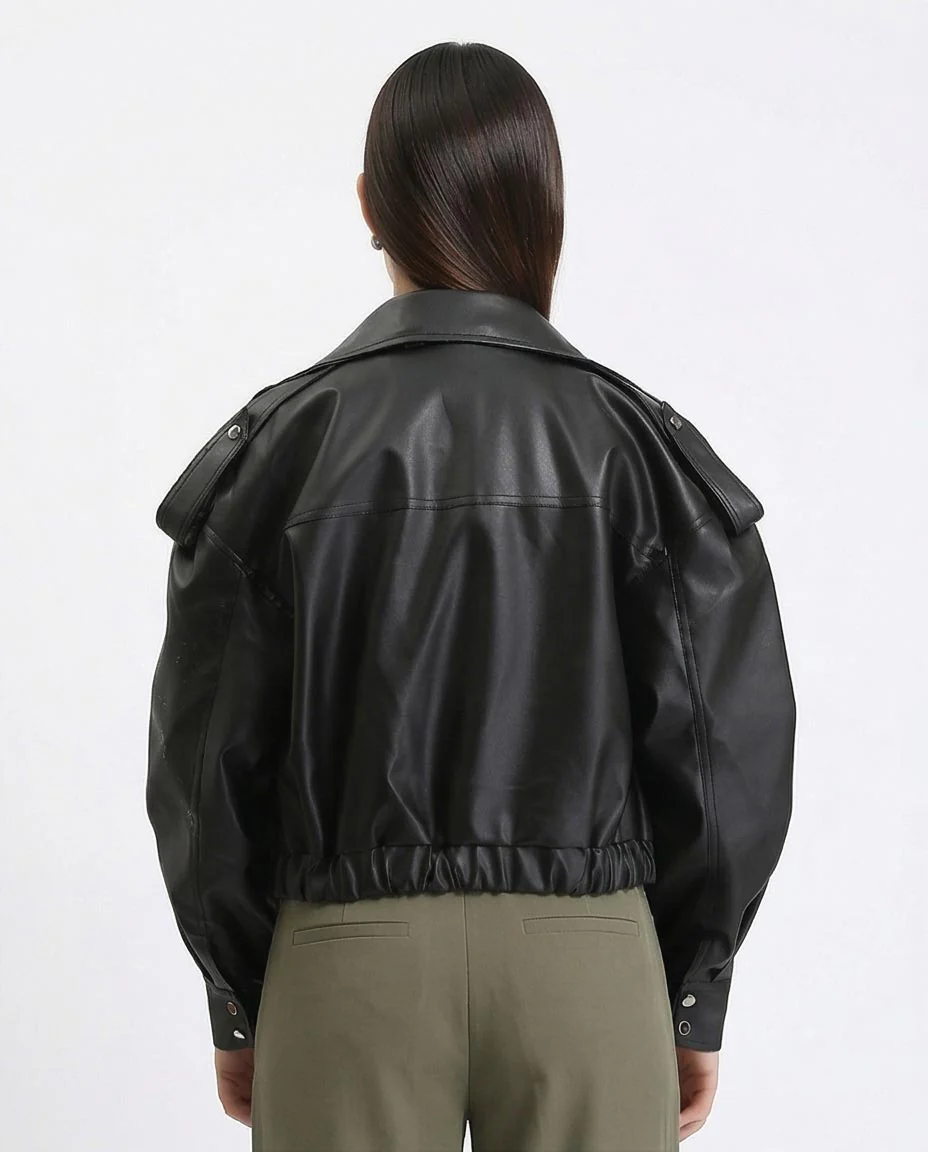 Ravin Oversized Cropped Faux-Leather Bomber Jacket - Black - O199139 - Image 3