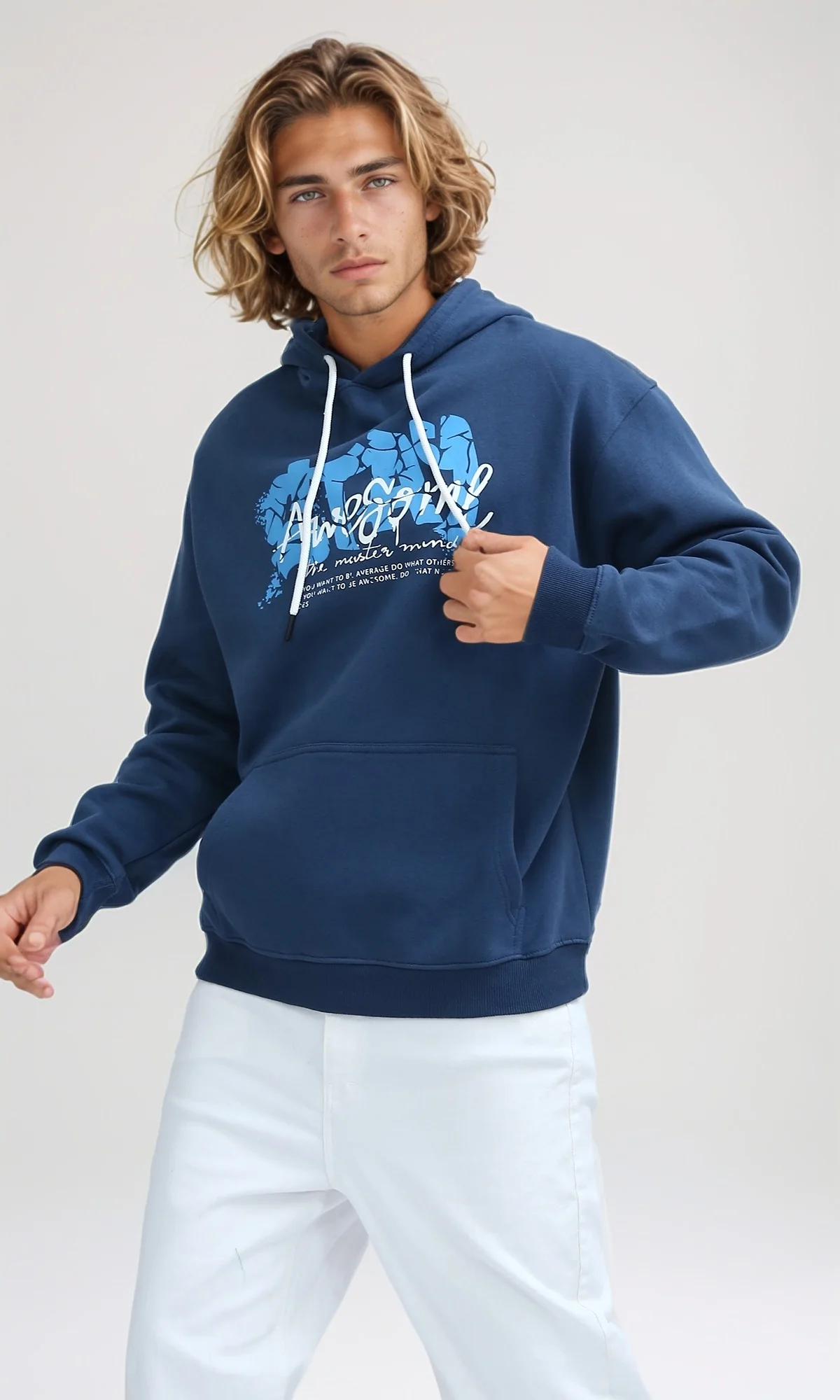 O199170 Long Sleeves Steel Blue Hoodie with Kangaroo Pocket - Image 2