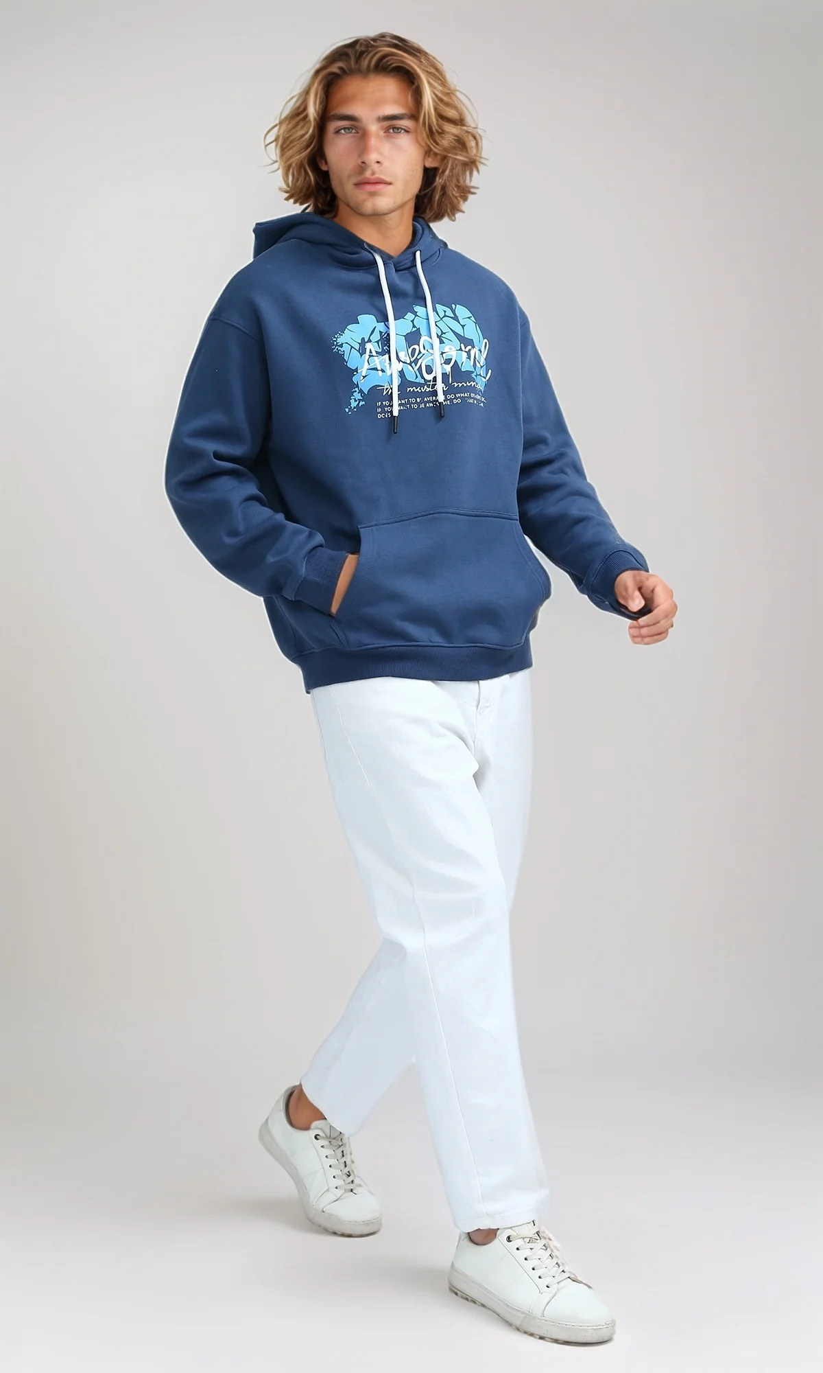 O199170 Long Sleeves Steel Blue Hoodie with Kangaroo Pocket - Image 5