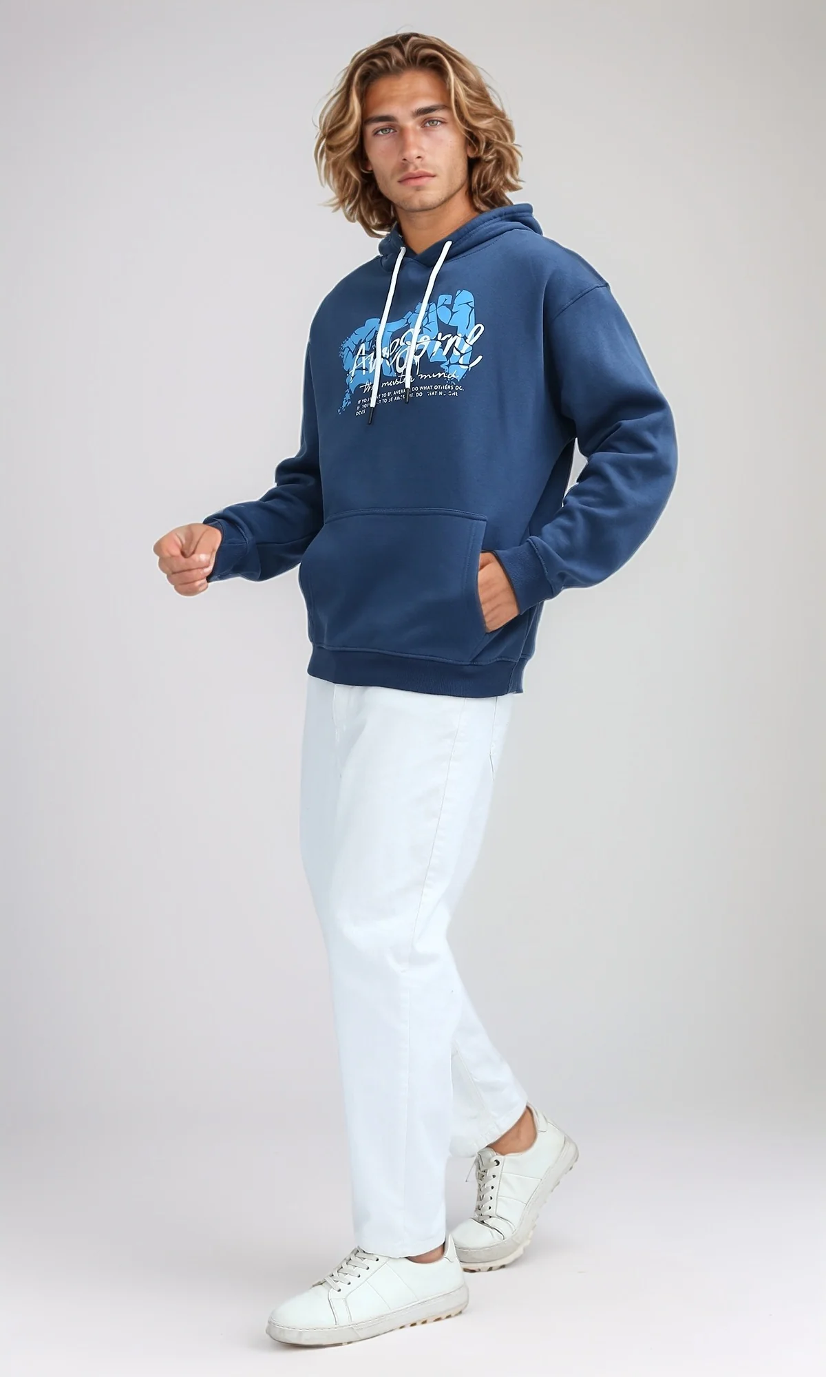 O199170 Long Sleeves Steel Blue Hoodie with Kangaroo Pocket - Image 6