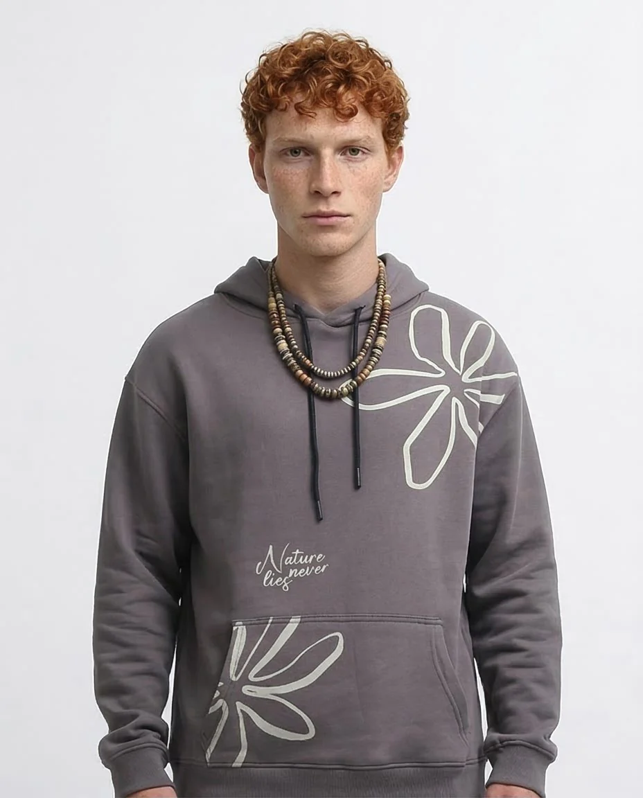 RAVIN Men’s Oversized "Nature Never Lies" Floral Graphic Hoodie – Charcoal Gray - o199177