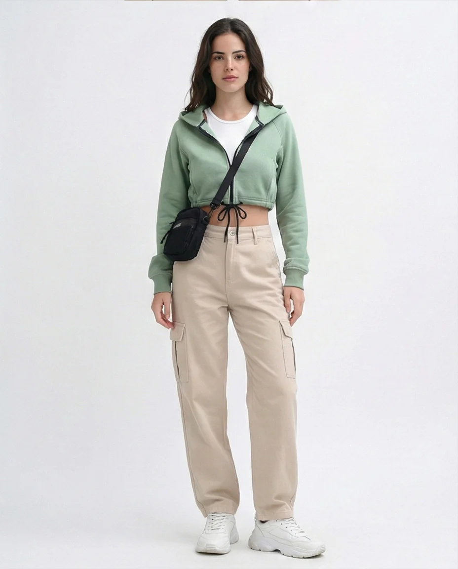 O199240 - Relaxed Fit Cropped Cotton Sweatshirt - Light Green - Image 3