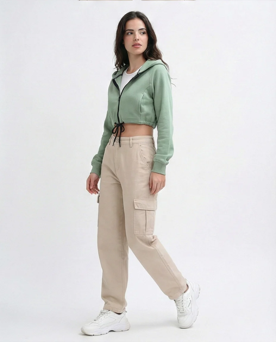 O199240 - Relaxed Fit Cropped Cotton Sweatshirt - Light Green - Image 4