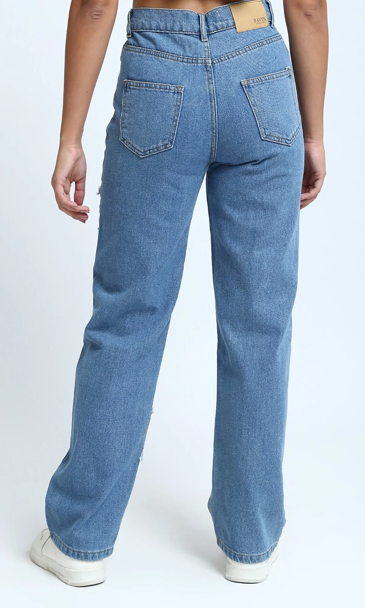 O199315 - Comfy Straight Leg Jeans with Front Distressed - Light Blue - Image 2