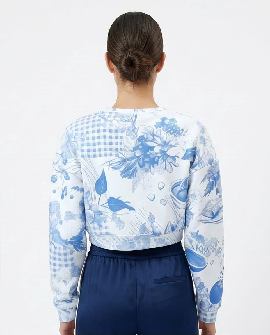 RAVIN Women’s Toile-Print Cropped Sweatshirt – Blue & White Botanical Collage - O199396 - Image 2