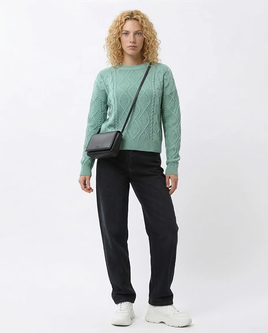 Ravin Women’s Diamond & Cable Mixed-Knit Crew Neck Sweater - Seafoam - O199845 - Image 3